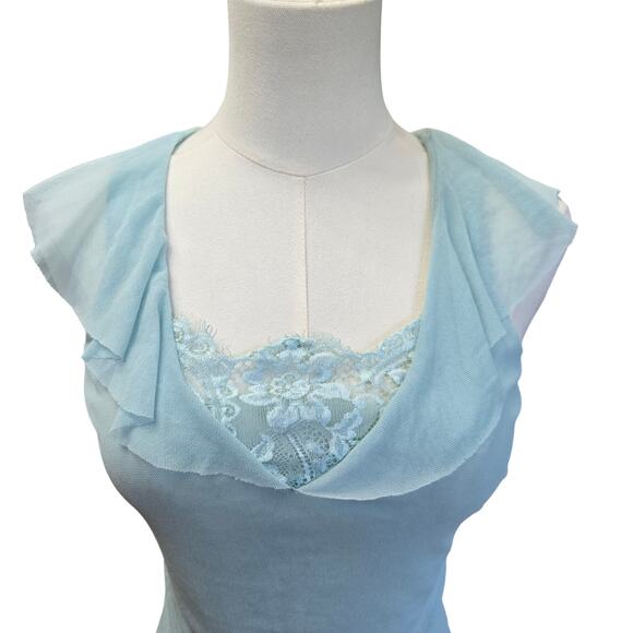 Womens Vtg Y2K Fairy Coquette Romantic Blue Mesh Lace Embroidered Ruffle Trim M - Picture 7 of 11